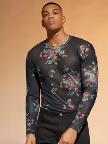 Manfinity AFTRDRK Men Floral Print Sheer Tee - Black - View 1