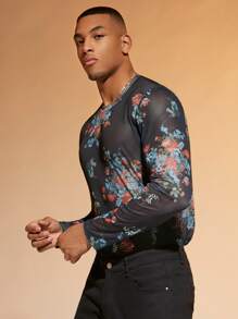Manfinity AFTRDRK Men Floral Print Sheer Tee - Black - View 6