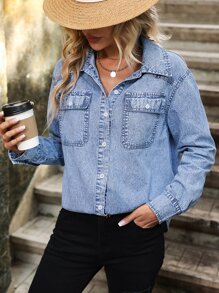 SHEIN Essnce 翻蓋口袋牛仔襯衫 - 淺色水洗藍 - 查看 5