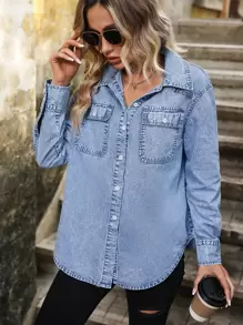 SHEIN Essnce 翻蓋口袋牛仔襯衫 - 淺色水洗藍 - 查看 1