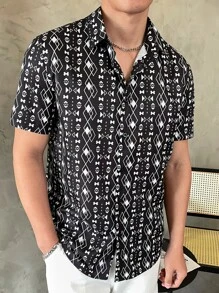 Manfinity Men Geo Print Shirt Without Tee - Black and White - View 2