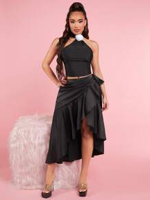 SHEIN SXY Ruched Asymmetrical Hem Skirt - Black - View 4
