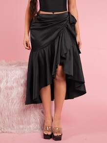 SHEIN SXY Ruched Asymmetrical Hem Skirt - Black - View 5