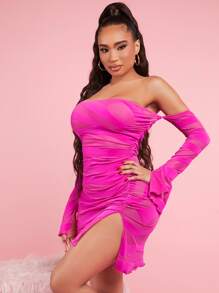 SHEIN SXY Off Shoulder Split Thigh Ruched Bodycon Dress - Hot Pink - View 6