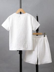 SHEIN 中大童男孩字母拼接t恤和短褲 - 白色 - 查看 2