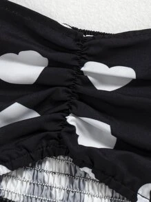 Niñas con estampado de corazón fruncido Top crop & Shorts - Negro - Ver 3