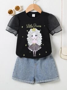 SHEIN Young Girl 1pc Letter & Figure Graphic Contrast Mesh Tee - Black - View 1