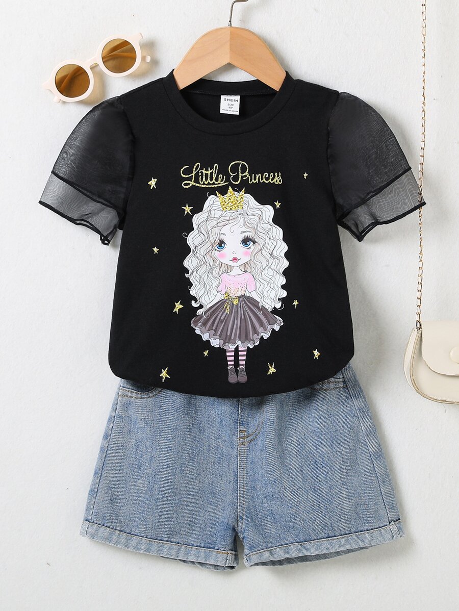 SHEIN Young Girl 1pc Letter & Figure Graphic Contrast Mesh Tee - Black - View 1