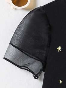 SHEIN Young Girl 1pc Letter & Figure Graphic Contrast Mesh Tee - Black - View 3