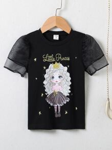 SHEIN Young Girl 1pc Letter & Figure Graphic Contrast Mesh Tee - Black - View 6