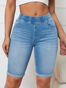 SHEIN Essnce Roll Up Hem Denim Shorts - Light Wash - View 1