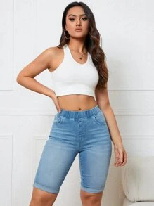 SHEIN Essnce Roll Up Hem Denim Shorts - Light Wash - View 3