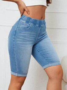 SHEIN Essnce Roll Up Hem Denim Shorts - Light Wash - View 4