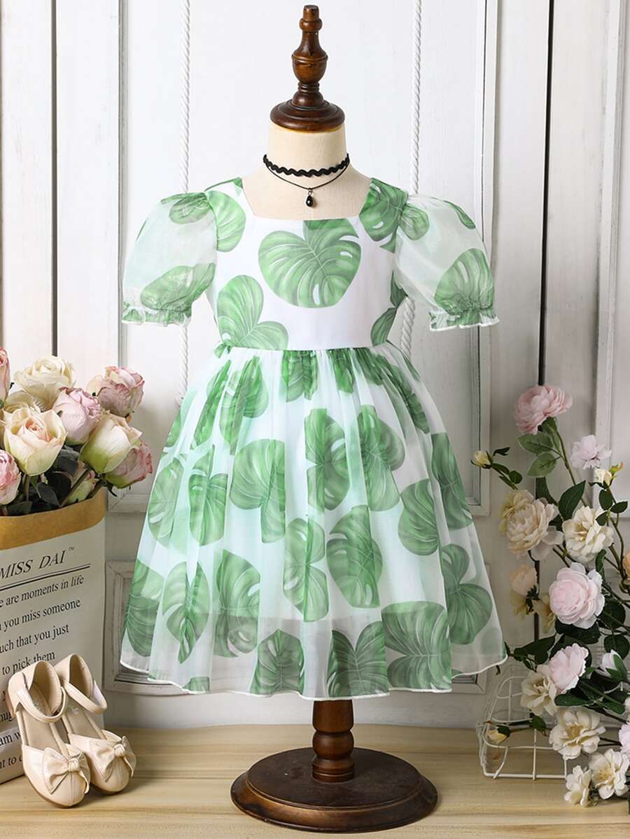 小女童熱帶圖案泡泡袖連衣裙 - 白色 - 查看 1