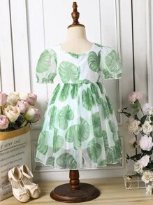 小女童熱帶圖案泡泡袖連衣裙 - 白色 - 查看 2