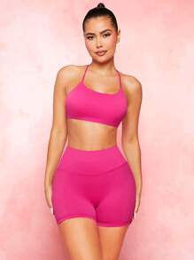 VARSITIE 寬腰帶素色運動短褲 - 玫紅色 - 查看 5