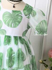 小女童熱帶圖案泡泡袖連衣裙 - 白色 - 查看 3