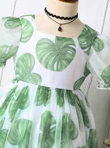 小女童熱帶圖案泡泡袖連衣裙 - 白色 - 查看 4