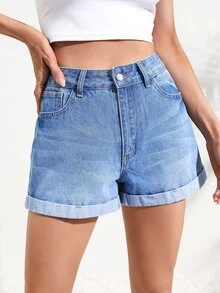 Rolled Hem Denim Shorts - Medium Wash - View 2