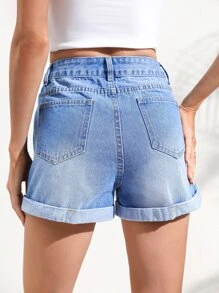 Rolled Hem Denim Shorts - Medium Wash - View 4