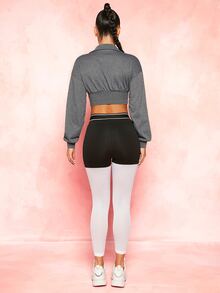 VARSITIE Solid Ruched Drop Shoulder Crop Sweatshirt - Dark Grey - View 4