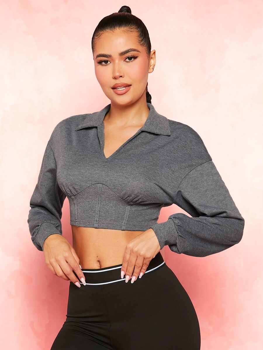 VARSITIE Solid Ruched Drop Shoulder Crop Sweatshirt - Dark Grey - View 1