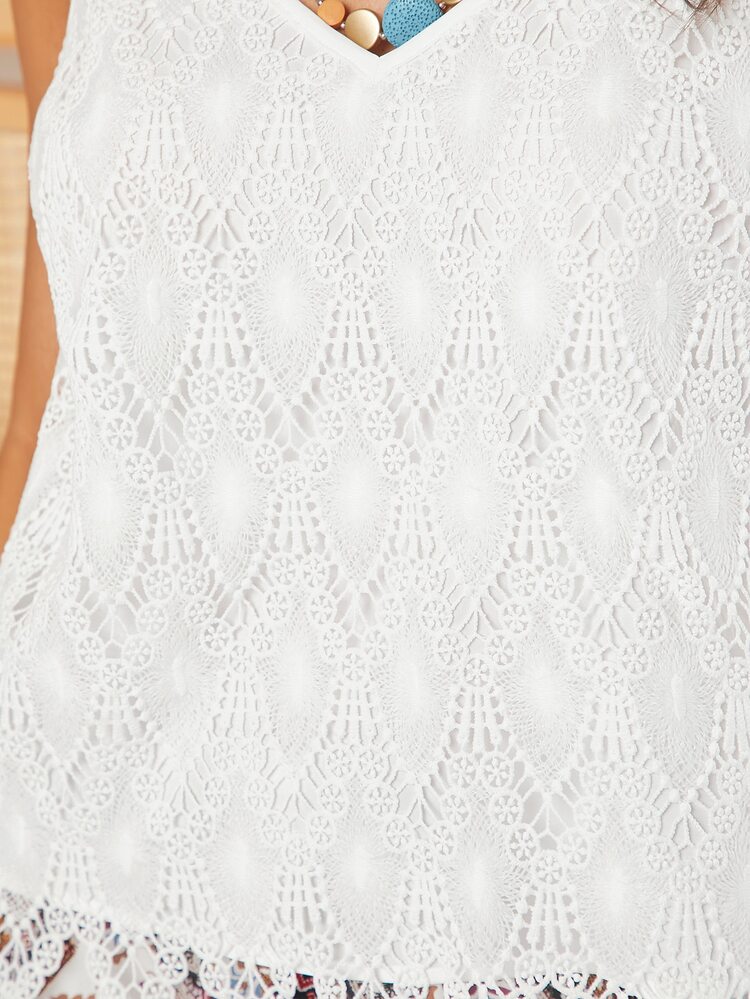 SHEIN VCAY Top à fines brides unicolore en dentelle - Blanc - Voir 4