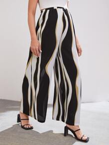 SHEIN Maternity Adjustable Waist Colourblock Wide Leg Trousers - Multicolor - View 4