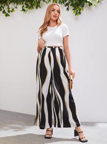 SHEIN Maternity Adjustable Waist Colourblock Wide Leg Trousers - Multicolor - View 5