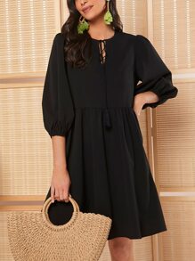 SHEIN LUNE 繫帶領燈籠袖娃娃裙 - 黑色 - 查看 5