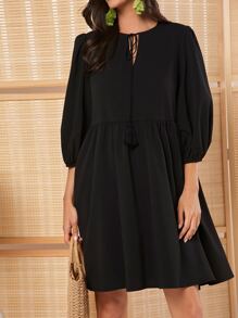 SHEIN LUNE 繫帶領燈籠袖娃娃裙 - 黑色 - 查看 1