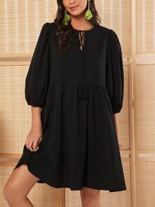 SHEIN LUNE 繫帶領燈籠袖娃娃裙 - 黑色 - 查看 3