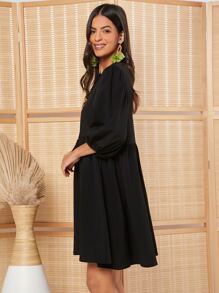 SHEIN LUNE 繫帶領燈籠袖娃娃裙 - 黑色 - 查看 4