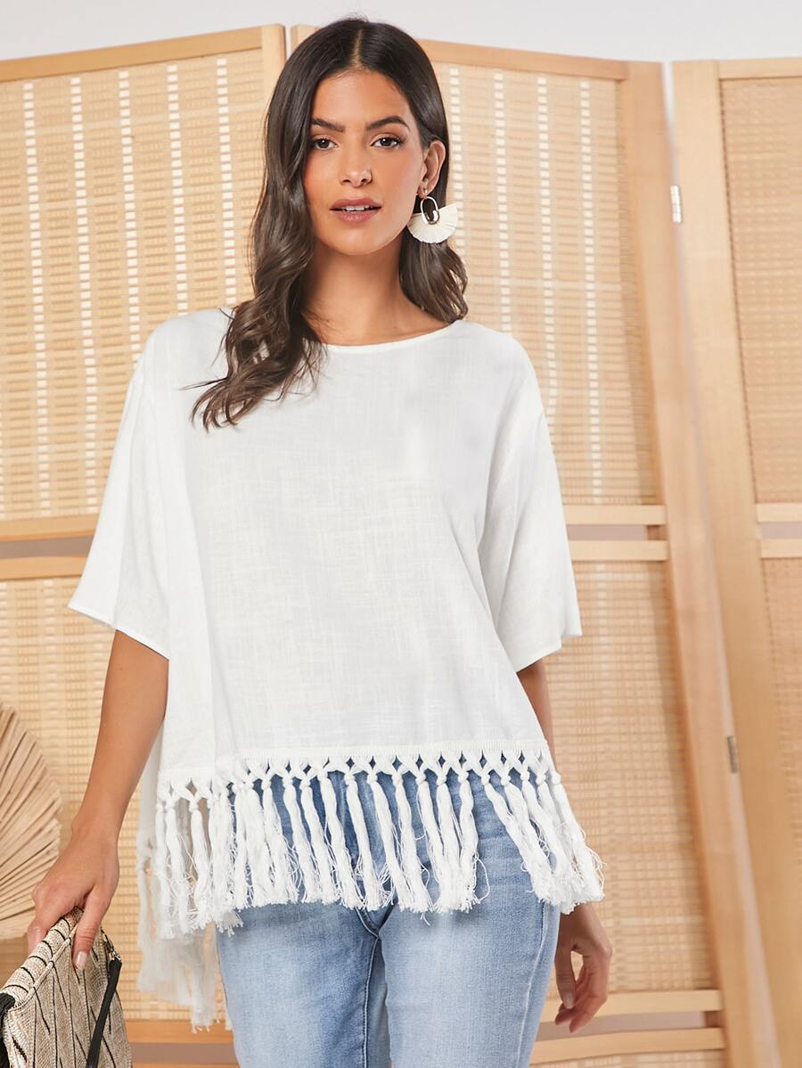 SHEIN VCAY Solid Fringe Hem Blouse - White - View 1