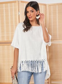 SHEIN VCAY Solid Fringe Hem Blouse - White - View 4
