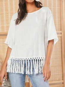 SHEIN VCAY Solid Fringe Hem Blouse - White - View 3