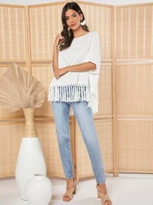 SHEIN VCAY Solid Fringe Hem Blouse - White - View 5