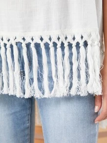 SHEIN VCAY Solid Fringe Hem Blouse - White - View 6
