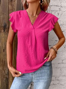 SHEIN Holidaya 素色荷葉邊襯衫 - 玫紅色 - 查看 3