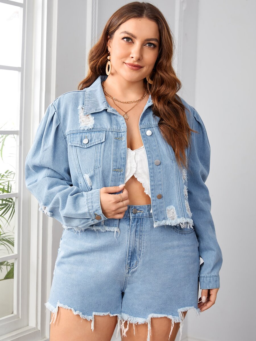 Plus Ripped Raw Cut Denim Jacket - Light Wash - View 1