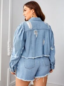 Plus Ripped Raw Cut Denim Jacket - Light Wash - View 2