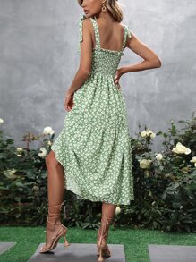 SHEIN Holidaya Đầm Thắt nút Tách cao Dải chun Họa tiết hoa Boho - màu xanh lá - Xem 2