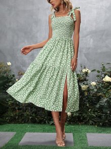 SHEIN Holidaya Đầm Thắt nút Tách cao Dải chun Họa tiết hoa Boho - màu xanh lá - Xem 3