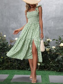 SHEIN Holidaya Đầm Thắt nút Tách cao Dải chun Họa tiết hoa Boho - màu xanh lá - Xem 4