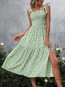 SHEIN Holidaya Đầm Thắt nút Tách cao Dải chun Họa tiết hoa Boho - màu xanh lá - Xem 5