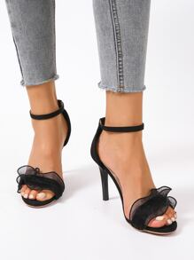 女士荷葉邊裝飾細跟踝帶優雅夏天高跟涼鞋 - 黑色 - 查看 1