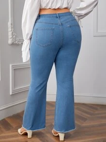 Plus High Waist Raw Cut Flare Leg Jeans - Light Wash - View 2