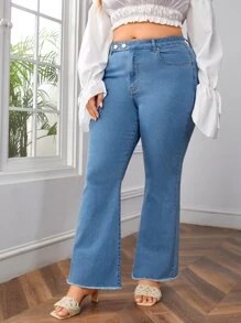 Plus High Waist Raw Cut Flare Leg Jeans - Light Wash - View 4