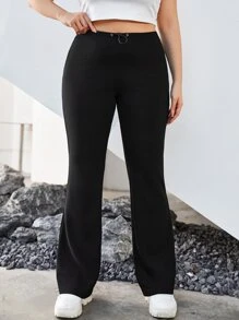 SHEIN EZwear Plus Solid Drawstring Waist Flare Leg Trousers - Black - View 1