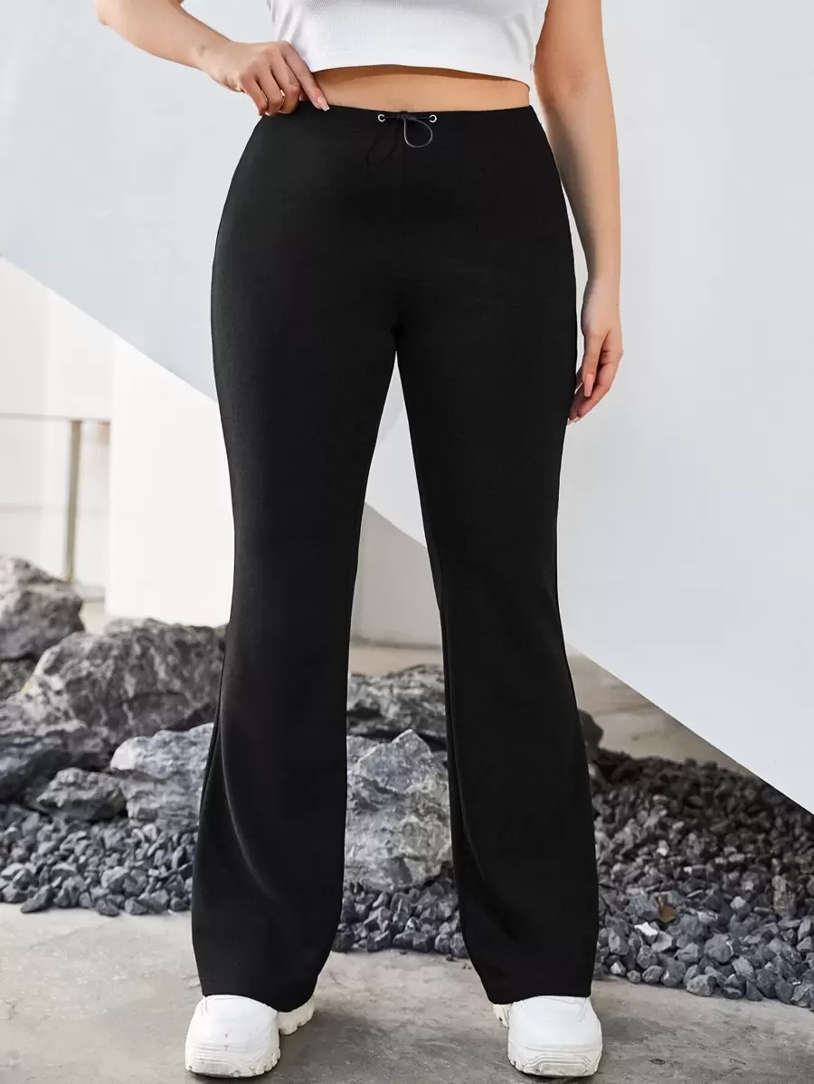 SHEIN EZwear Plus Solid Drawstring Waist Flare Leg Trousers - Black - View 1